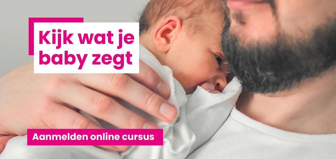 Afbeelding van een vader met baby met een verwijzing om je aan te melden voor de online cursus Kijk wat je baby zegt