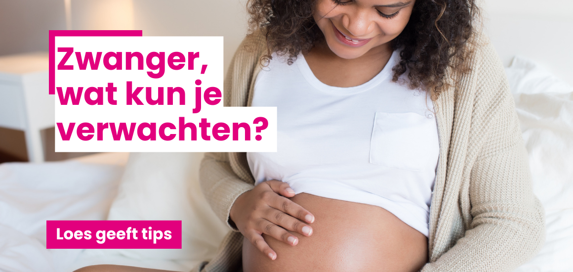 Zwangere vrouw met blote buik en een verwijzing naar wat je kan verwachten als je zwanger bent